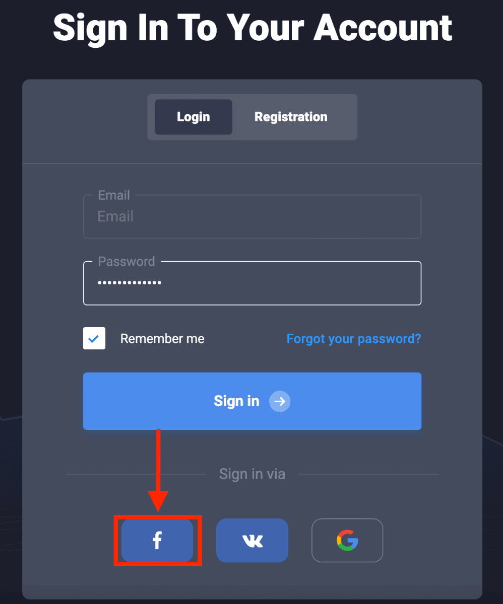 User tapping the Facebook icon on the Quotex login screen to sign in through the mobile app.